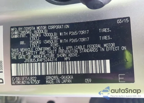 2015 Toyota 4Runner Sr5 Premium from USA, damaged, VIN JTEBU5JR4F5244314